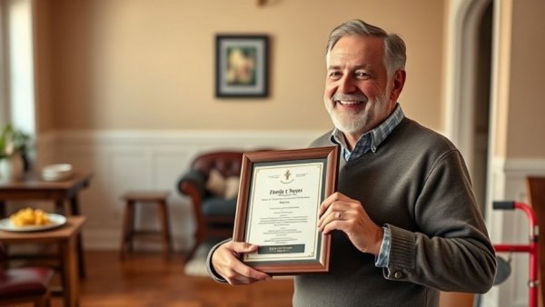 Mature man joyfully holds a plaque in a cozy room, Jesse Meyers Literary Passion.