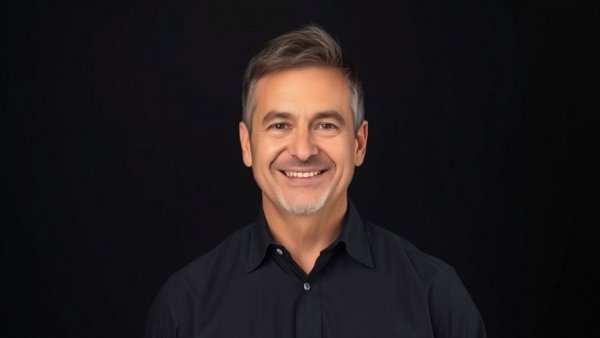 Bald man smiling in black shirt, dark background, Project Prometheus
