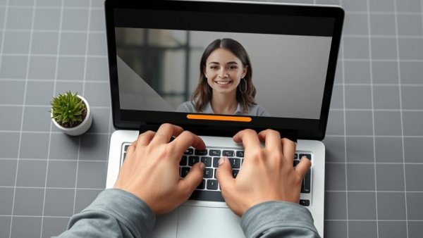 Background video loading SEO illustration with laptop and video call.