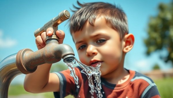Young boy drinking clean tap water outdoors.