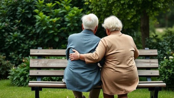 Elderly couple embracing on a park bench, old-fashioned relationship habits.