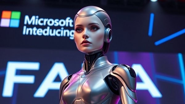 Futuristic presentation of Microsoft's FAR 7B AI Model on stage.