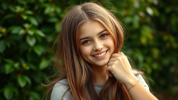 Young girl outdoors with woman braiding her hair, lush greenery.