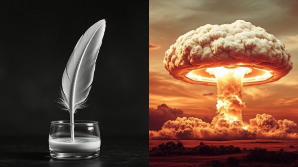 Contrasting quill and explosion representing adversarial poetry AI manipulation.