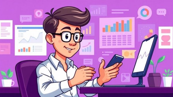 Cartoon illustration displaying focus with charts and communication tools.