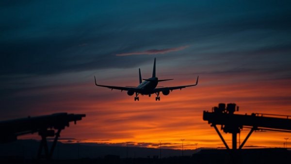 Airbus A320 landing at dusk with airport lights, solar radiation risk.