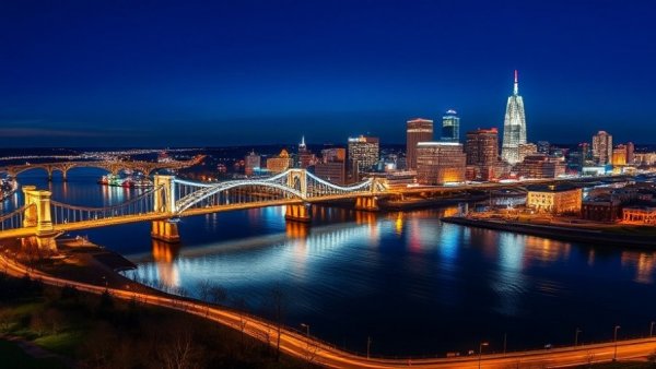 Evening aerial view of Louisville cityscape with bridge over river.