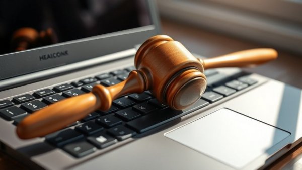 Wooden gavel on laptop keyboard symbolizing Google's complaint drop.