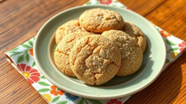 Almond flour flaxseed cookies on a green plate with floral napkin.