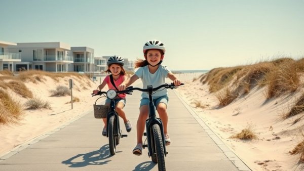 Children on electric bike near beach, emphasizing safety.