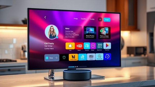 Digital monitor displaying Alexa features, entertainment options visible.