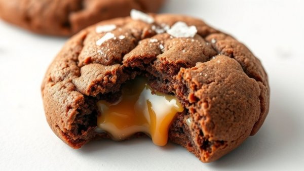 Salted caramel stuffed chocolate snickerdoodle cookie close-up.