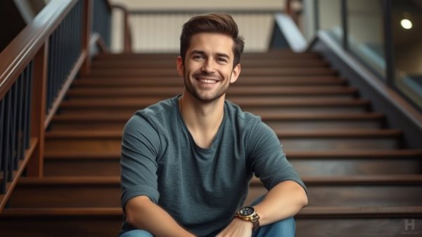 Man smiling on stairs, relaxed pose, representing AI PR startup investment.