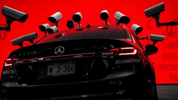 Flock surveillance AI concept with car and cameras, art style.