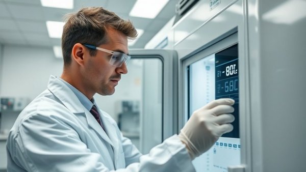Scientist handling ultra-low temperature freezer showing -80°C, highlighting cold storage risks.