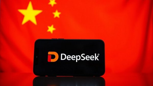 DeepSeek AI models rivals GPT-5 with smartphone and Chinese flag.