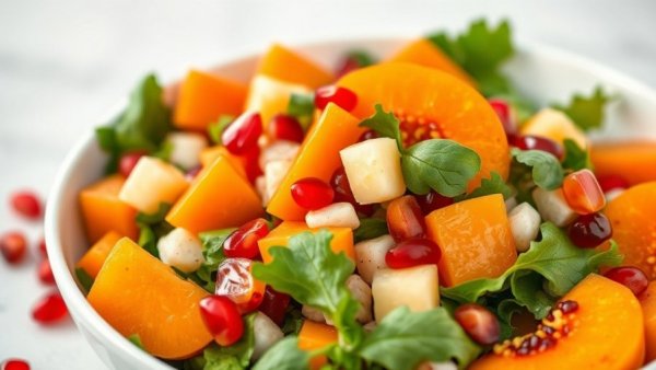 Vibrant persimmon salad with assorted fruits and greens.