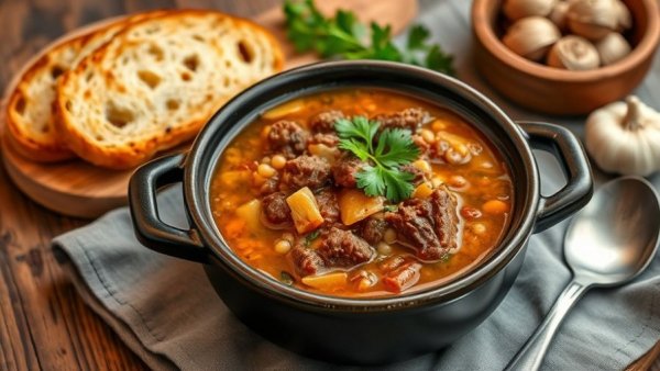 Crockpot beef and barley soup served with toasted bread.