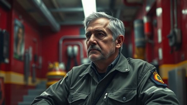 Middle-aged man contemplating in fire station, moody ambiance