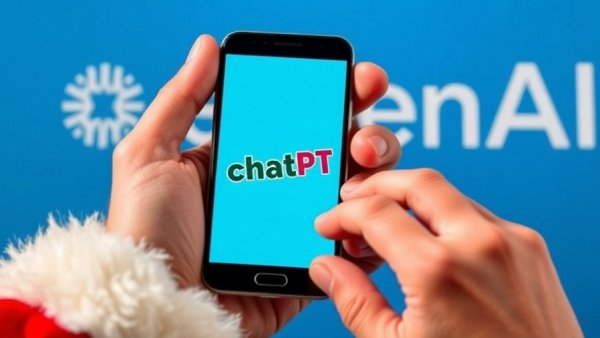 Santa hand holds smartphone with ChatGPT and OpenAI text.