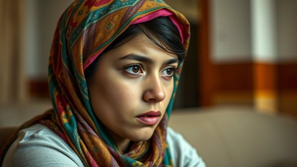 Young woman with headscarf showing concern, soft indoor lighting.