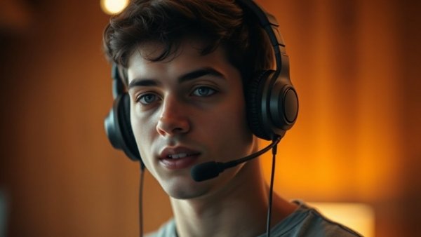 Young man using ChatGPT Voice Chat, wearing headphones, in warm lighting.