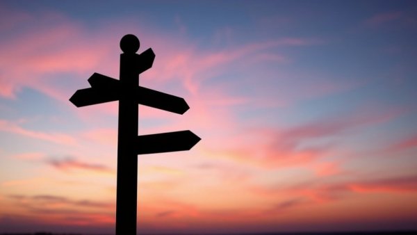 Silhouetted signpost against a calming dusk sky, perfect for 'Calming Quotes for Life's Crossroads.'