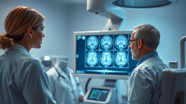 Doctors analyzing brain MRI scans; focus on AI in radiology cybersecurity.