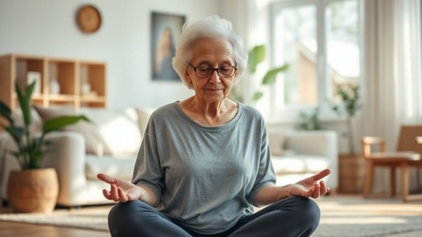 Elderly woman meditating at home for staying fit while traveling.