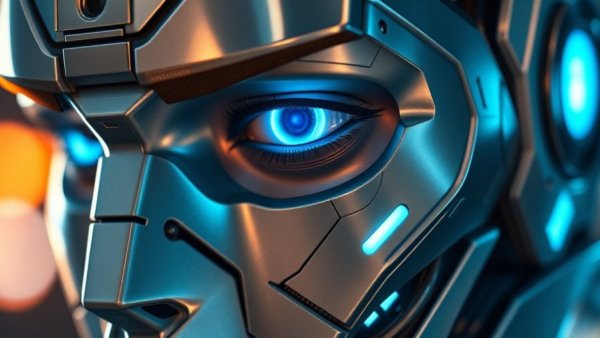 Futuristic robotic face with glowing blue eye representing multimodal AI model comparison.
