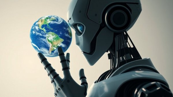 Futuristic humanoid robot examining Earth, Syllable AI Microsoft Marketplace.