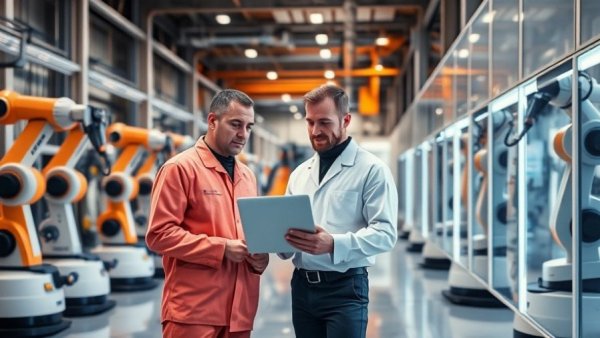 Engineers in UK AI-driven manufacturing discussing in robotics factory.