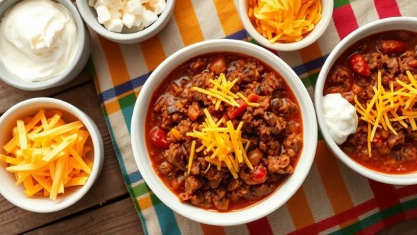Ground beef chili with olives, cheese, and sour cream in bowls.