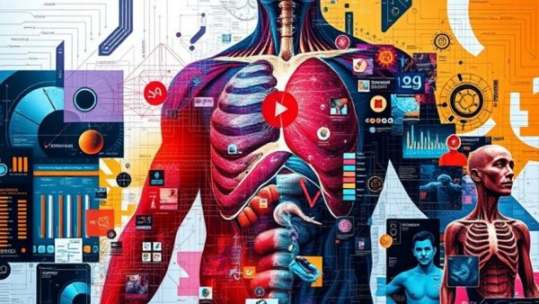Abstract artwork of medical data and anatomy, symbolizing uploading medical records to A.I. chatbots.