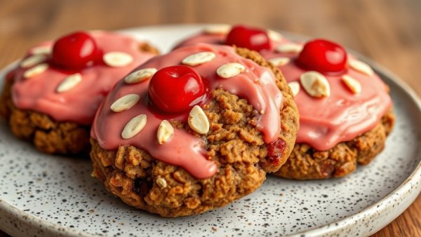 Iced cherry toasted almond oatmeal cookies on a plate.
