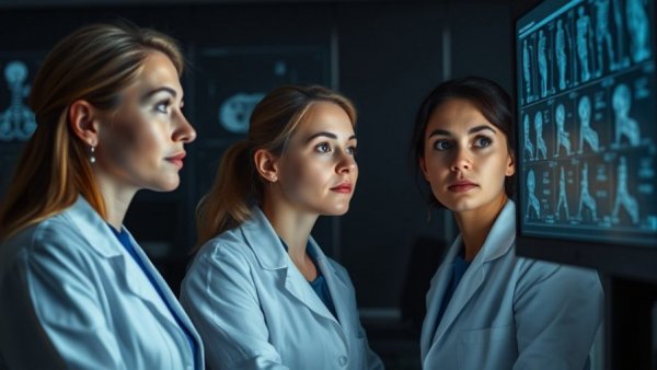 Two professionals reviewing medical scans related to women's health.