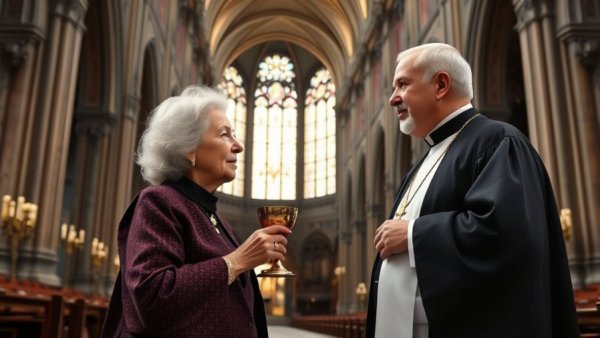 Scene from Wake Up Dead Man featuring characters in a cathedral.
