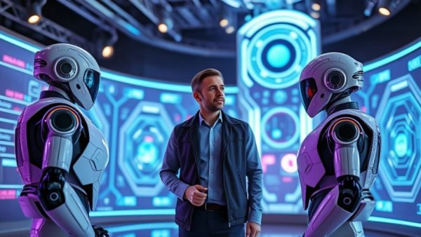 Futuristic AI developments scene with robots and man on digital stage.