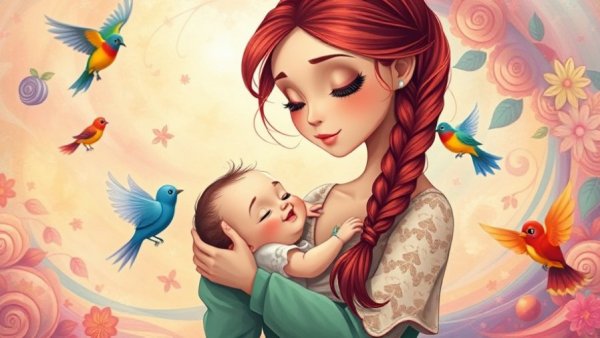 Whimsical illustration of mother holding baby, signs of emotionally immature parents theme