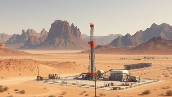 Geothermal energy site with drilling rig in desert landscape.