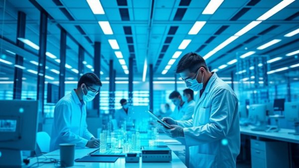 High-tech automated laboratories with digital holograms and scientists.