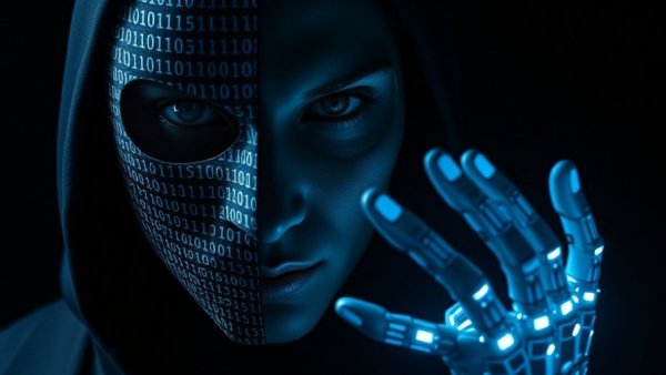 Abstract binary code mask with AI robot, AI voice cloning scams.