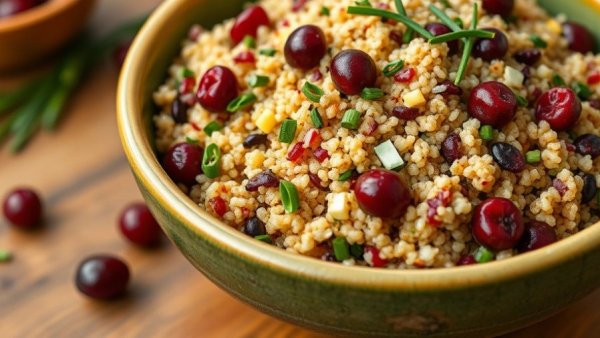 Vibrant cranberry quinoa salad with sliced orange garnish.