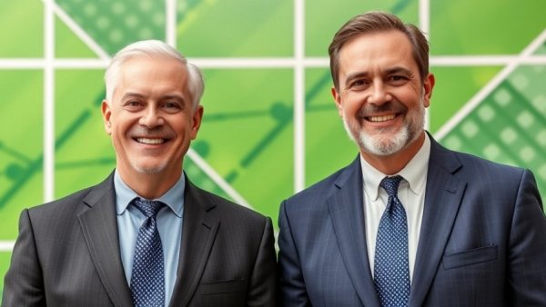 Well-dressed men standing together, vibrant green geometric background.