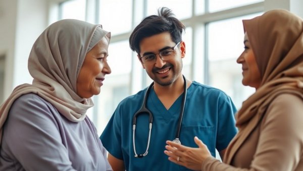 Healthcare worker and woman with headscarf in sincere discussion, bright clinic.