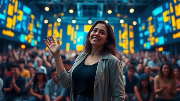 Confident speaker in front of vibrant digital backdrop discussing AI startups in fashion.