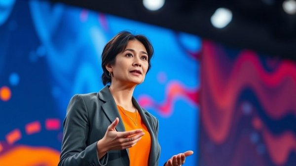 Confident woman presenting about launching an AI startup in fashion.