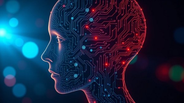 Digital human profile with circuits symbolizing AI in dark background.