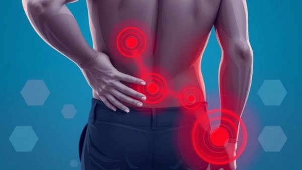 Illustration depicting chronic back pain, red pain circles.