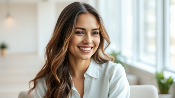 Smiling woman discussing dental work and overall health, bright setting.